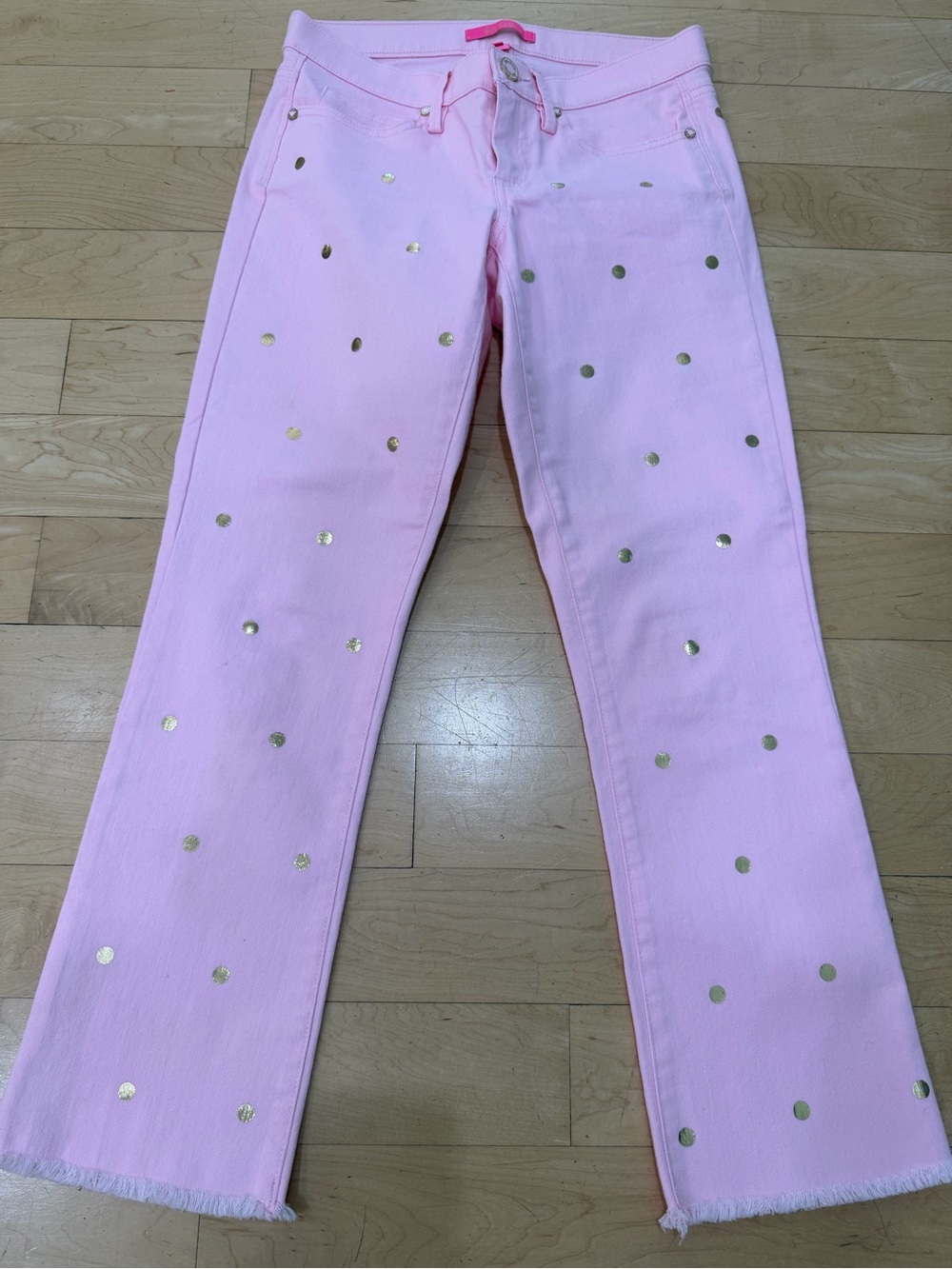 Lilly Pulitzer Pink Jeans with Gold Polka Dots